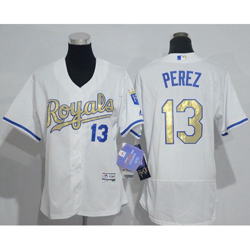 Kansas City Royals #13 Salvador Perez White Flexbase Authentic 2015 World Series Champions Gold Program Cool Base Womens Stitched MLB Jersey Kansas City Royals #13 Salvador Perez White Flexbase Authentic 2015 World Series Champions Gold Program Cool Base Womens Stitched MLB Jersey
