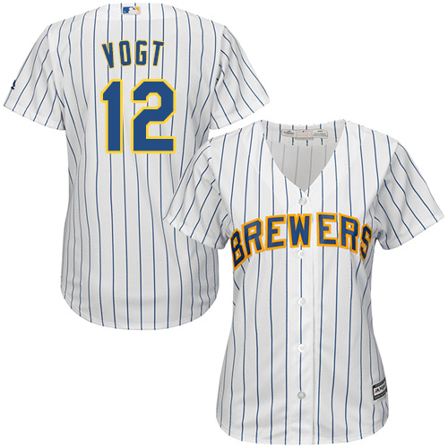 Milwaukee Brewers #12 Stephen Vogt White Strip Home Womens Stitched MLB Jersey Milwaukee Brewers #12 Stephen Vogt White Strip Home Womens Stitched MLB Jersey