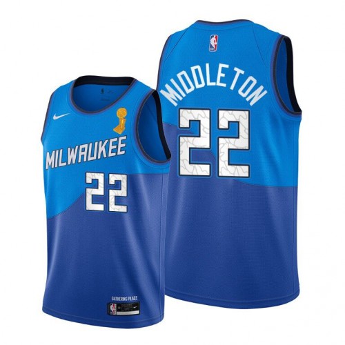 Nike Milwaukee Bucks #22 Khris Middleton 2021 NBA Finals Champions City Edition Jersey Blue Mens Nike Milwaukee Bucks #22 Khris Middleton 2021 NBA Finals Champions City Edition Jersey Blue Mens