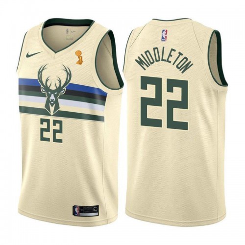 Nike Milwaukee Bucks #22 Khris Middleton 2021 NBA Finals Champions Swingman City Edition Jersey Cream Mens Nike Milwaukee Bucks #22 Khris Middleton 2021 NBA Finals Champions Swingman City Edition Jersey Cream Mens