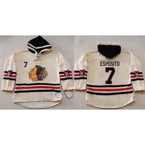 Chicago Blackhawks #7 Tony Esposito Cream Heavyweight Pullover Hoodie Stitched NHL Jersey Chicago Blackhawks #7 Tony Esposito Cream Heavyweight Pullover Hoodie Stitched NHL Jersey