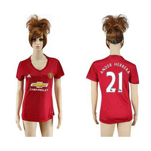 Womens Manchester United #21 Ander Herrera Red Home Soccer Club Jersey Womens Manchester United #21 Ander Herrera Red Home Soccer Club Jersey