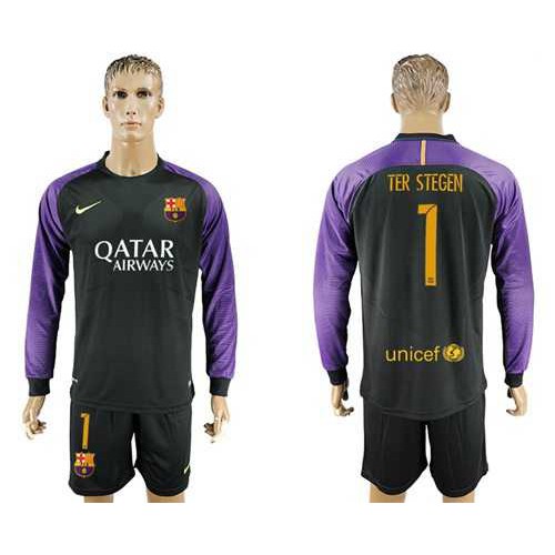 Barcelona #1 Ter Stegen Black Goalkeeper Long Sleeves Soccer Club Jersey Barcelona #1 Ter Stegen Black Goalkeeper Long Sleeves Soccer Club Jersey