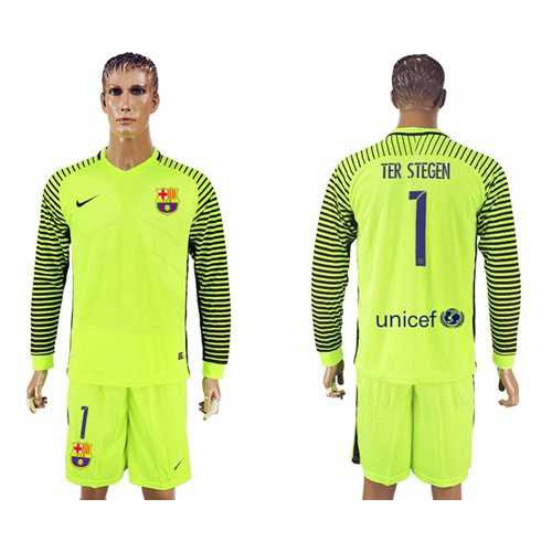 Barcelona #1 Ter Stegen Green Goalkeeper Long Sleeves Soccer Club Jersey Barcelona #1 Ter Stegen Green Goalkeeper Long Sleeves Soccer Club Jersey