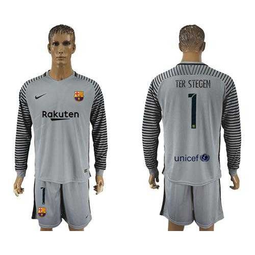 Barcelona #1 Ter Stegen Grey Goalkeeper Long Sleeves Soccer Club Jersey Barcelona #1 Ter Stegen Grey Goalkeeper Long Sleeves Soccer Club Jersey