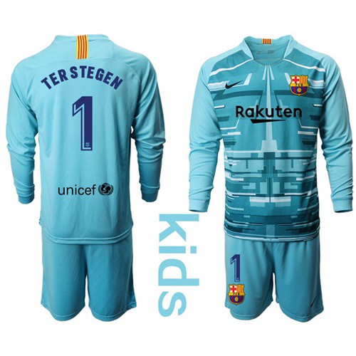 Barcelona #1 Ter Stegen Light Blue Goalkeeper Long Sleeves Kid Soccer Club Jersey Barcelona #1 Ter Stegen Light Blue Goalkeeper Long Sleeves Kid Soccer Club Jersey