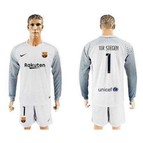 Barcelona #1 Ter Stegen White Goalkeeper Long Sleeves Soccer Club Jersey Barcelona #1 Ter Stegen White Goalkeeper Long Sleeves Soccer Club Jersey