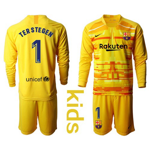 Barcelona #1 Ter Stegen Yellow Goalkeeper Long Sleeves Kid Soccer Club Jersey Barcelona #1 Ter Stegen Yellow Goalkeeper Long Sleeves Kid Soccer Club Jersey
