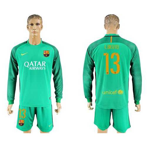 Barcelona #13 C.Bravo Green Goalkeeper Long Sleeves Soccer Club Jersey Barcelona #13 C.Bravo Green Goalkeeper Long Sleeves Soccer Club Jersey