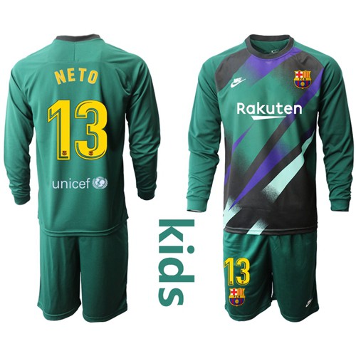 Barcelona #13 Neto Green Goalkeeper Long Sleeves Kid Soccer Club Jersey Barcelona #13 Neto Green Goalkeeper Long Sleeves Kid Soccer Club Jersey