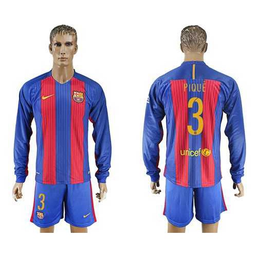 Barcelona #3 Pique Home Long Sleeves Soccer Club Jersey Barcelona #3 Pique Home Long Sleeves Soccer Club Jersey