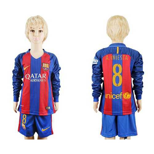 Barcelona #8 A.Iniesta Home Long Sleeves Kid Soccer Club Jersey Barcelona #8 A.Iniesta Home Long Sleeves Kid Soccer Club Jersey