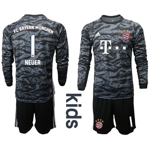 Bayern Munchen #1 Neuer Black Goalkeeper Long Sleeves Kid Soccer Club Jersey Bayern Munchen #1 Neuer Black Goalkeeper Long Sleeves Kid Soccer Club Jersey