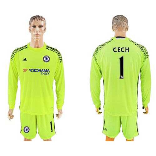 Chelsea #1 Cech Shiny Green Goalkeeper Long Sleeves Soccer Club Jersey Chelsea #1 Cech Shiny Green Goalkeeper Long Sleeves Soccer Club Jersey