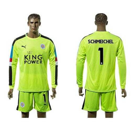 Leicester City #1 Schmeichel Shiny Green Goalkeeper Long Sleeves Soccer Club Jersey Leicester City #1 Schmeichel Shiny Green Goalkeeper Long Sleeves Soccer Club Jersey