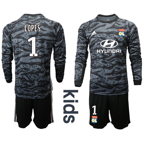 Lyon #1 Lopes Black Goalkeeper Long Sleeves Kid Soccer Club Jersey Lyon #1 Lopes Black Goalkeeper Long Sleeves Kid Soccer Club Jersey