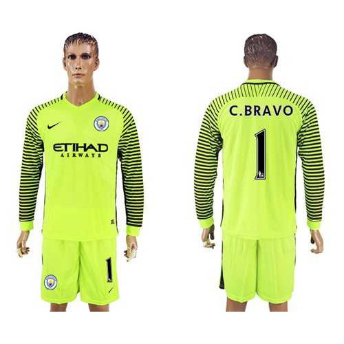 Manchester City #1 C.Bravo Green Goalkeeper Long Sleeves Soccer Club Jersey Manchester City #1 C.Bravo Green Goalkeeper Long Sleeves Soccer Club Jersey