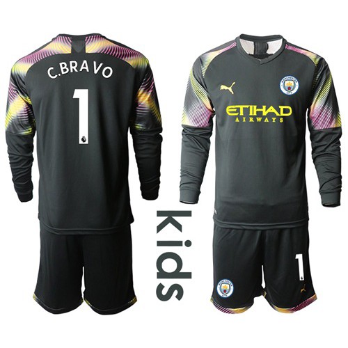 Manchester City #1 C.Bravo Black Goalkeeper Long Sleeves Kid Soccer Club Jersey Manchester City #1 C.Bravo Black Goalkeeper Long Sleeves Kid Soccer Club Jersey