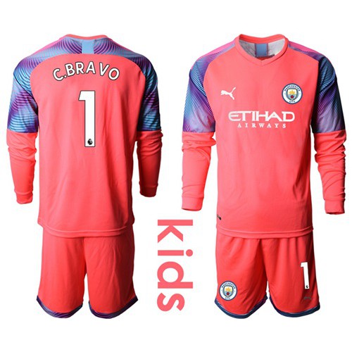 Manchester City #1 C.Bravo Pink Goalkeeper Long Sleeves Kid Soccer Club Jersey Manchester City #1 C.Bravo Pink Goalkeeper Long Sleeves Kid Soccer Club Jersey