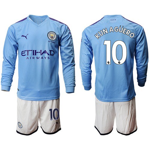 Manchester City #10 Kun Aguero Home Long Sleeves Soccer Club Jersey Manchester City #10 Kun Aguero Home Long Sleeves Soccer Club Jersey