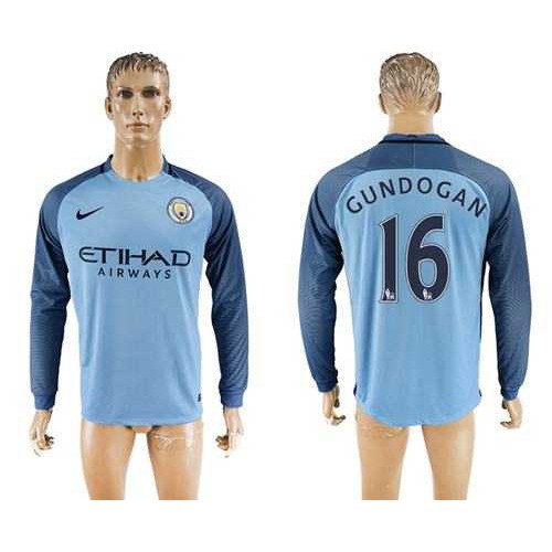 Manchester City #16 Gundogan Home Long Sleeves Soccer Club Jersey Manchester City #16 Gundogan Home Long Sleeves Soccer Club Jersey