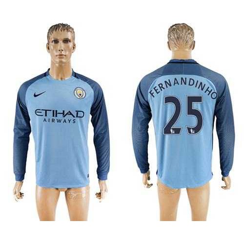 Manchester City #25 Fernandinho Home Long Sleeves Soccer Club Jersey Manchester City #25 Fernandinho Home Long Sleeves Soccer Club Jersey