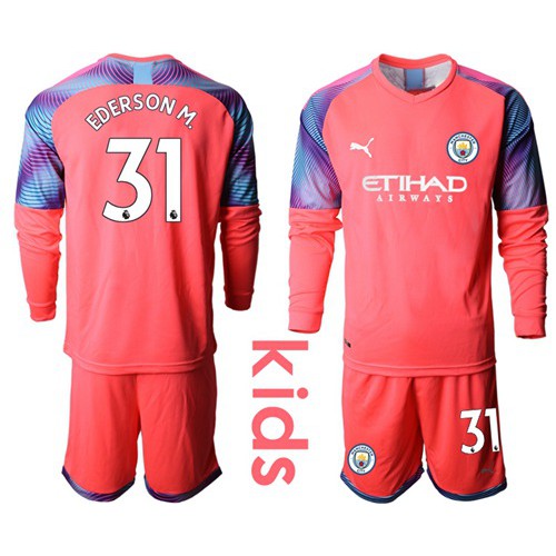 Manchester City #31 Ederson M. Pink Goalkeeper Long Sleeves Kid Soccer Club Jersey Manchester City #31 Ederson M. Pink Goalkeeper Long Sleeves Kid Soccer Club Jersey