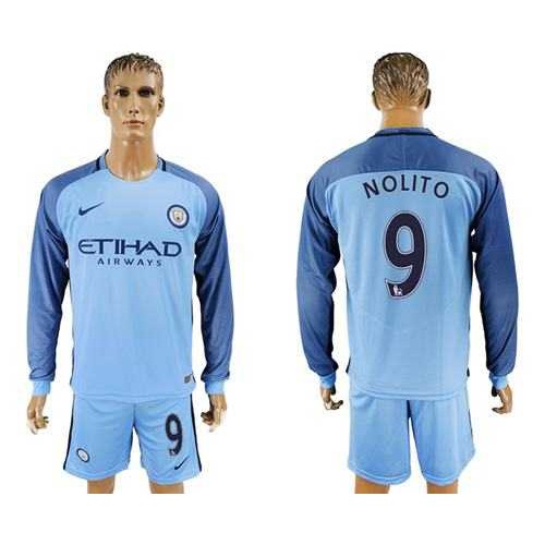 Manchester City #9 Nolito Home Long Sleeves Soccer Club Jersey Manchester City #9 Nolito Home Long Sleeves Soccer Club Jersey