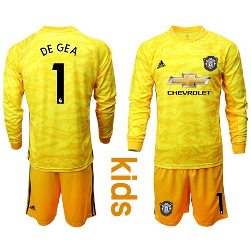 Manchester United #1 De Gea Yellow Goalkeeper Long Sleeves Kid Soccer Club Jersey Manchester United #1 De Gea Yellow Goalkeeper Long Sleeves Kid Soccer Club Jersey