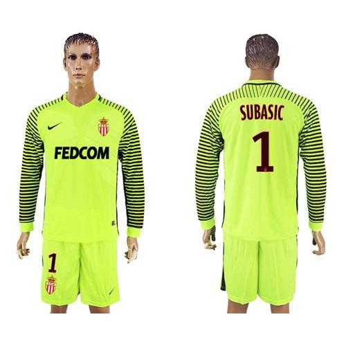 Monaco #1 Subasic Shiny Green Goalkeeper Long Sleeves Soccer Club Jersey Monaco #1 Subasic Shiny Green Goalkeeper Long Sleeves Soccer Club Jersey