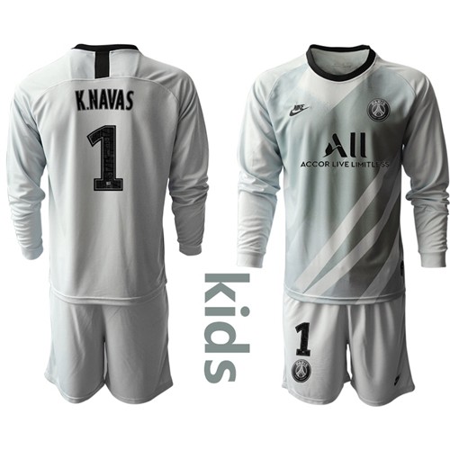 Paris Saint Germain #1 K.Navas Grey Goalkeeper Long Sleeves Kid Soccer Club Jersey Paris Saint Germain #1 K.Navas Grey Goalkeeper Long Sleeves Kid Soccer Club Jersey