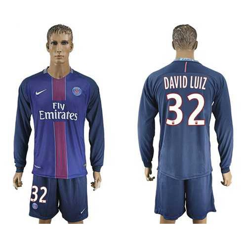 Paris Saint-Germain #32 David Luiz Home Long Sleeves Soccer Club Jersey Paris Saint-Germain #32 David Luiz Home Long Sleeves Soccer Club Jersey