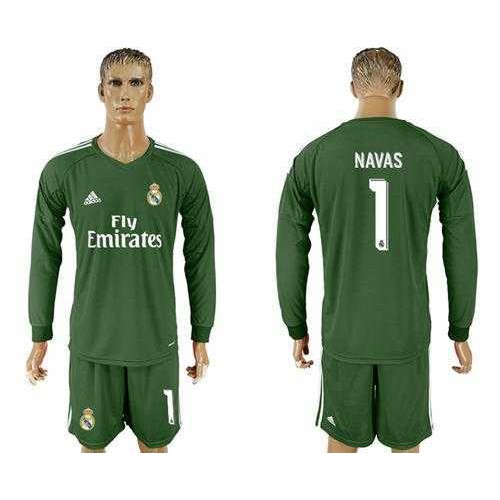 Real Madrid #1 Navas Green Goalkeeper Long Sleeves Soccer Club Jersey Real Madrid #1 Navas Green Goalkeeper Long Sleeves Soccer Club Jersey