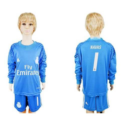 Real Madrid #1 Navas Sky Blue Goalkeeper Long Sleeves Kid Soccer Club Jersey Real Madrid #1 Navas Sky Blue Goalkeeper Long Sleeves Kid Soccer Club Jersey