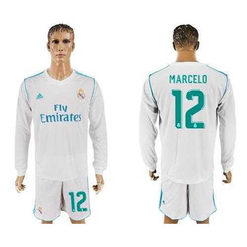 Real Madrid #12 Marcelo White Home Long Sleeves Soccer Club Jersey Real Madrid #12 Marcelo White Home Long Sleeves Soccer Club Jersey