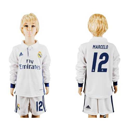 Real Madrid #12 Marcelo Home Long Sleeves Kid Soccer Club Jersey Real Madrid #12 Marcelo Home Long Sleeves Kid Soccer Club Jersey