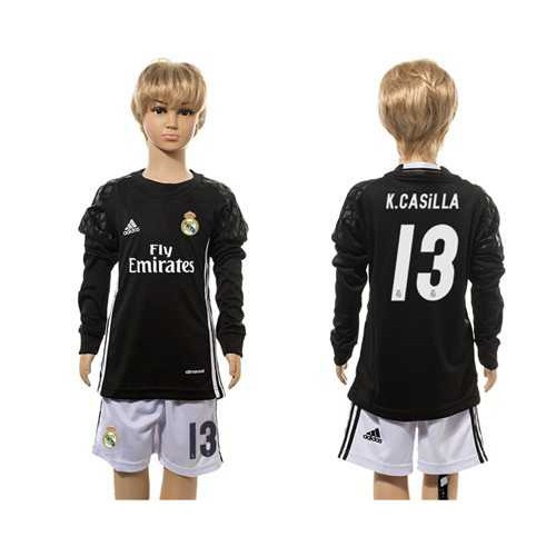 Real Madrid #13 K.Casilla Black Goalkeeper Long Sleeves Kid Soccer Club Jersey Real Madrid #13 K.Casilla Black Goalkeeper Long Sleeves Kid Soccer Club Jersey