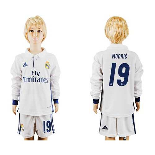 Real Madrid #19 Modric Home Long Sleeves Kid Soccer Club Jersey Real Madrid #19 Modric Home Long Sleeves Kid Soccer Club Jersey
