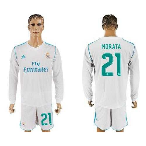 Real Madrid #21 Morata White Home Long Sleeves Soccer Club Jersey Real Madrid #21 Morata White Home Long Sleeves Soccer Club Jersey