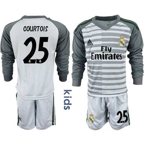 Real Madrid #25 Courtois Grey Goalkeeper Long Sleeves Kid Soccer Club Jersey Real Madrid #25 Courtois Grey Goalkeeper Long Sleeves Kid Soccer Club Jersey