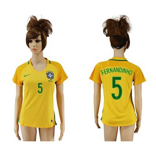 Womens Brazil #5 Fernandinho Home Soccer Country Jersey Womens Brazil #5 Fernandinho Home Soccer Country Jersey