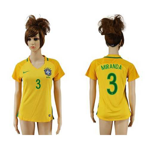 Womens Brazil #3 Miranda Home Soccer Country Jersey Womens Brazil #3 Miranda Home Soccer Country Jersey