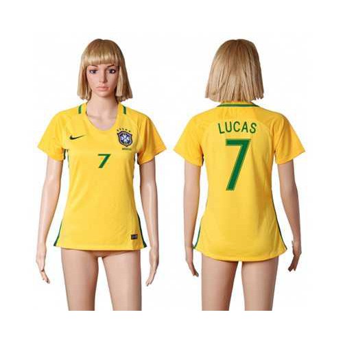 Womens Brazil #7 Lucas Home Soccer Country Jersey Womens Brazil #7 Lucas Home Soccer Country Jersey