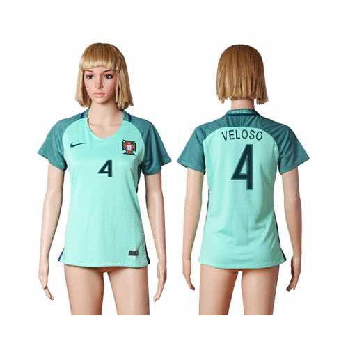 Womens Portugal #4 Veloso Away Soccer Country Jersey Womens Portugal #4 Veloso Away Soccer Country Jersey