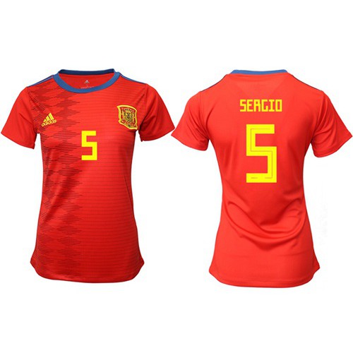 Womens Spain #5 Sergio Red Home Soccer Country Jersey Womens Spain #5 Sergio Red Home Soccer Country Jersey