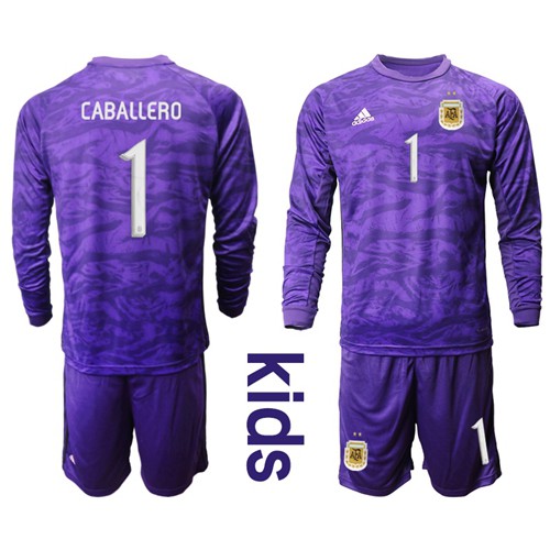 Argentina #1 Caballero Purple Long Sleeves Goalkeeper Kid Soccer Country Jersey Argentina #1 Caballero Purple Long Sleeves Goalkeeper Kid Soccer Country Jersey