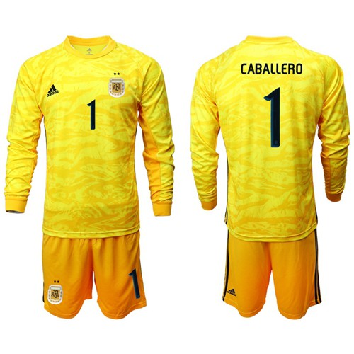 Argentina #1 Caballero Yellow Long Sleeves Goalkeeper Soccer Country Jersey Argentina #1 Caballero Yellow Long Sleeves Goalkeeper Soccer Country Jersey