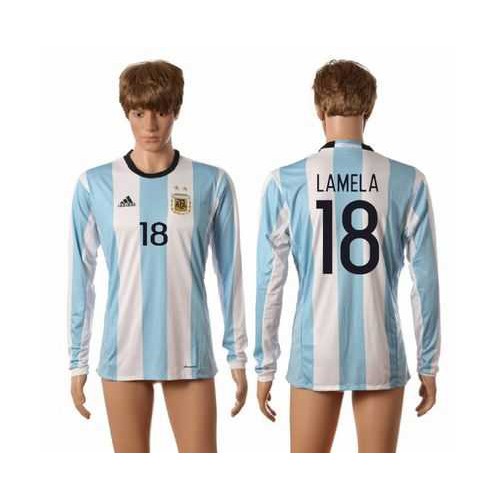 Argentina #18 Lamela Home Long Sleeves Soccer Country Jersey Argentina #18 Lamela Home Long Sleeves Soccer Country Jersey