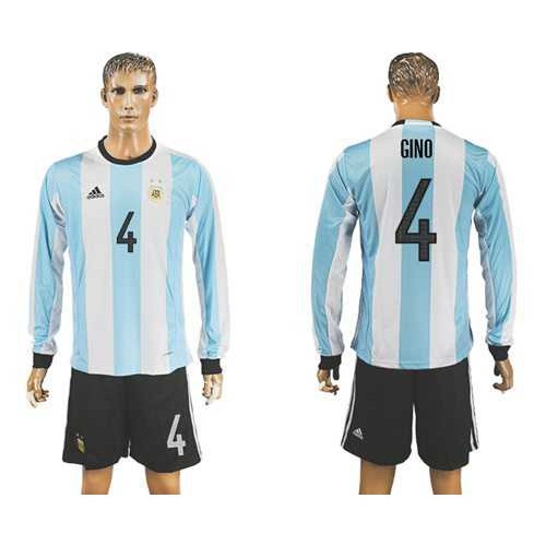 Argentina #4 Gino Home Long Sleeves Soccer Country Jersey Argentina #4 Gino Home Long Sleeves Soccer Country Jersey