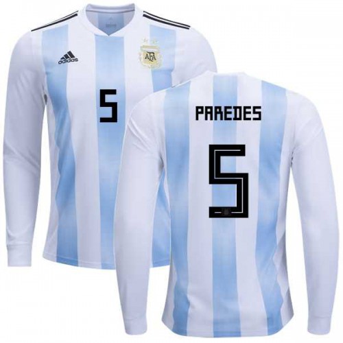Argentina #5 Paredes Home Long Sleeves Kid Soccer Country Jersey Argentina #5 Paredes Home Long Sleeves Kid Soccer Country Jersey